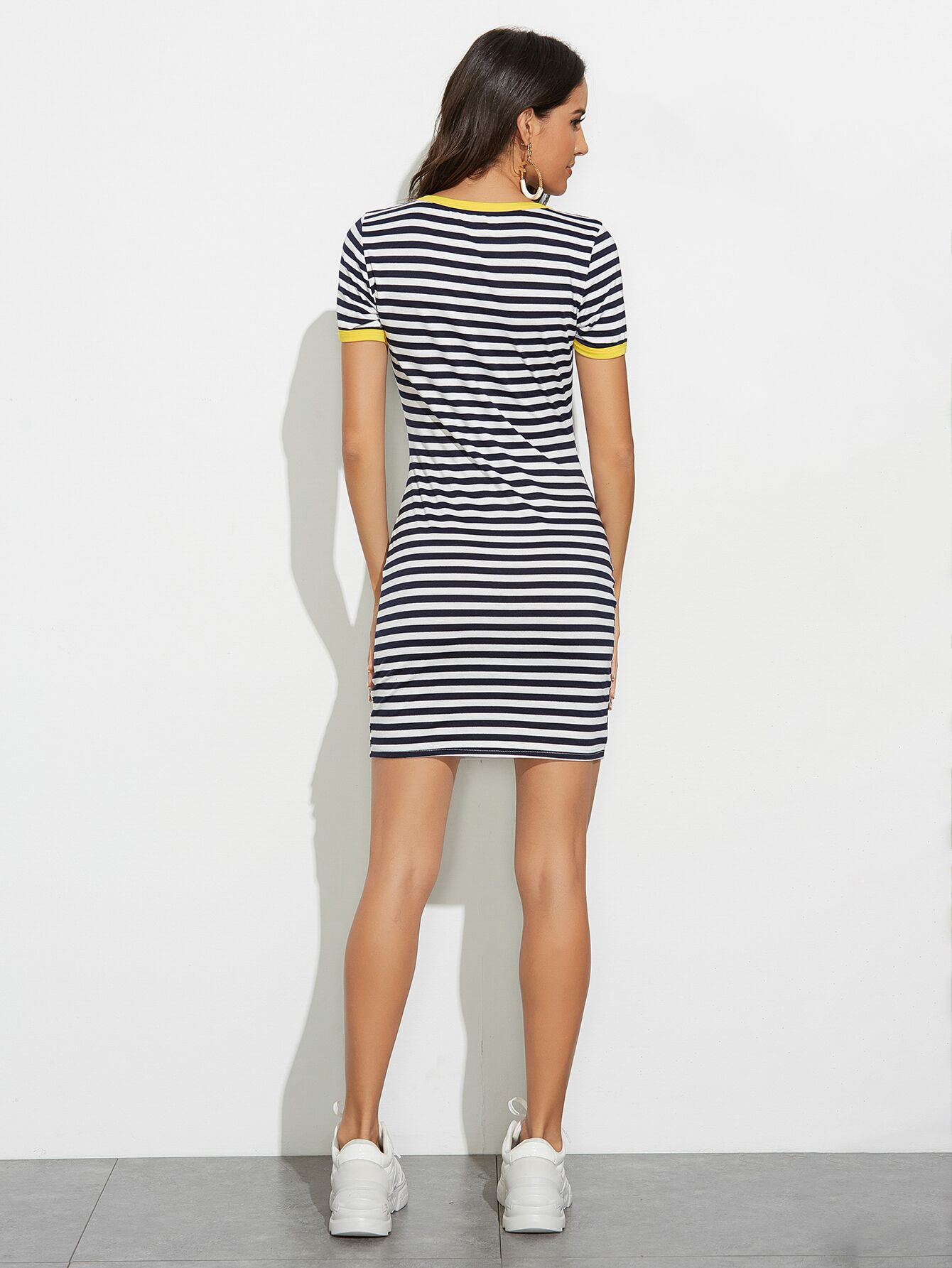 8877现货欧美女装shein紧身v领条纹连衣裙