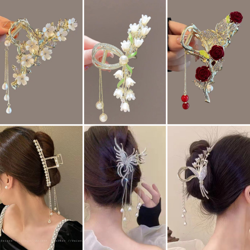 Lily Tassel Updo Hair Claw Hair Accessories Back Head Antique Hairpin Female Hairpin Summer Flower Shark Chuck