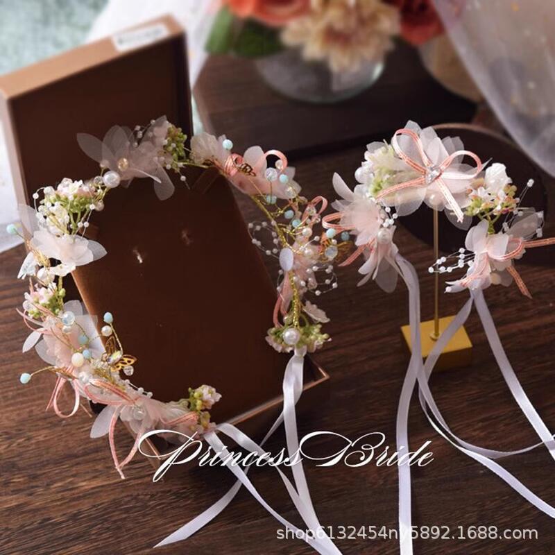 Children's Garland Headdress Princess Super Fairy Ribbon Pearl Headband Wedding Flower Girl Headband Girl Mori Style Headdress Flower