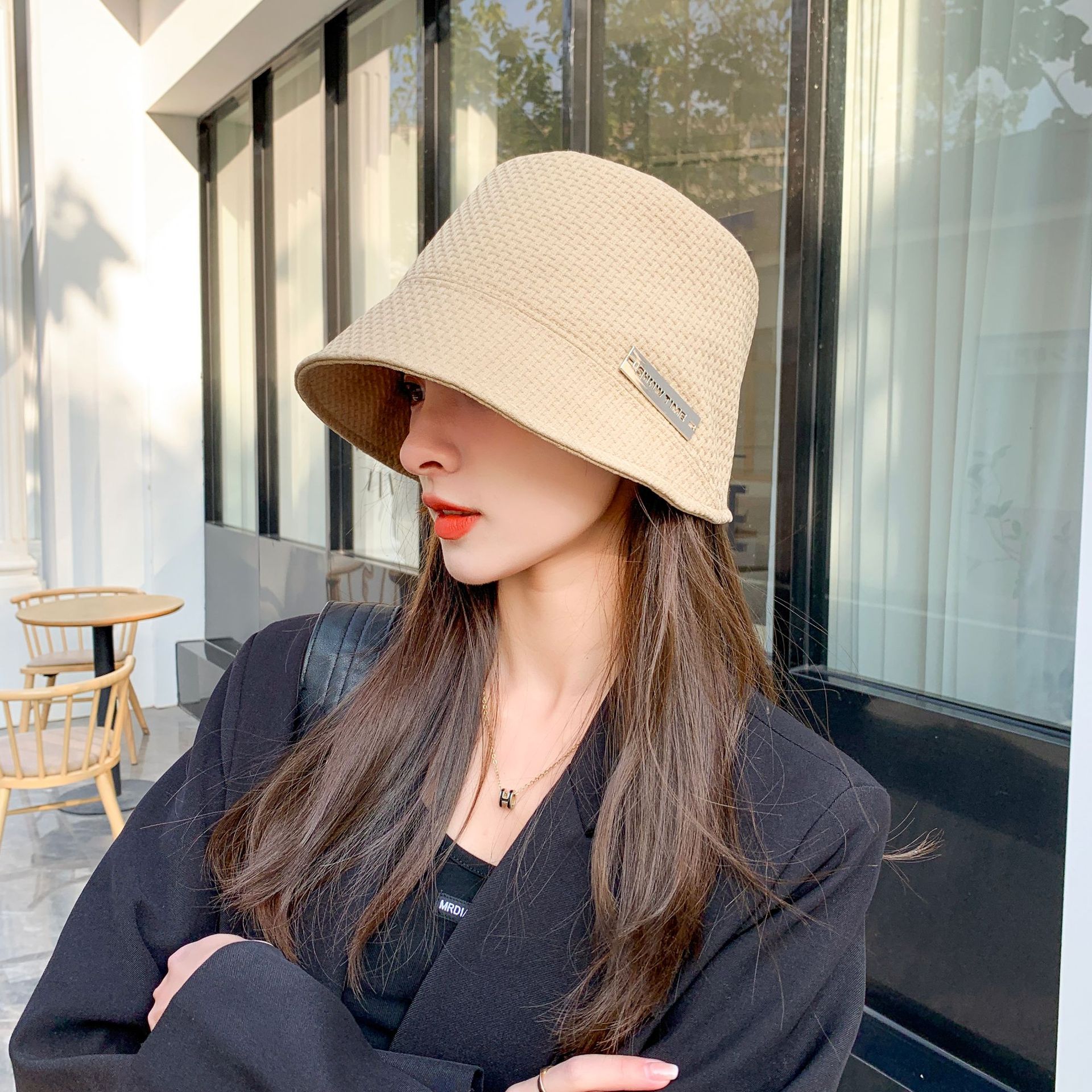 2023 Spring and Autumn New Iron Mark All-Matching Fisherman Hat Japanese Sun Protection Bucket Hat Face-Covering and Sun-Shading Front Big Back Small Bucket Cap