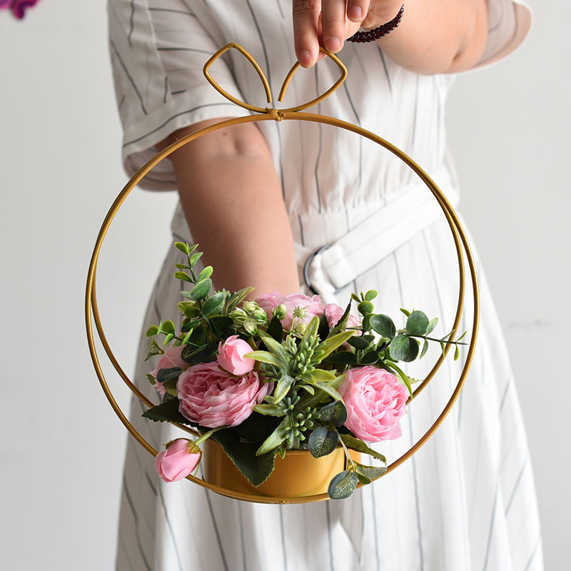 花篮花架金属花架假花套装七夕礼物手提铁艺花盒插花鲜花包装花艺