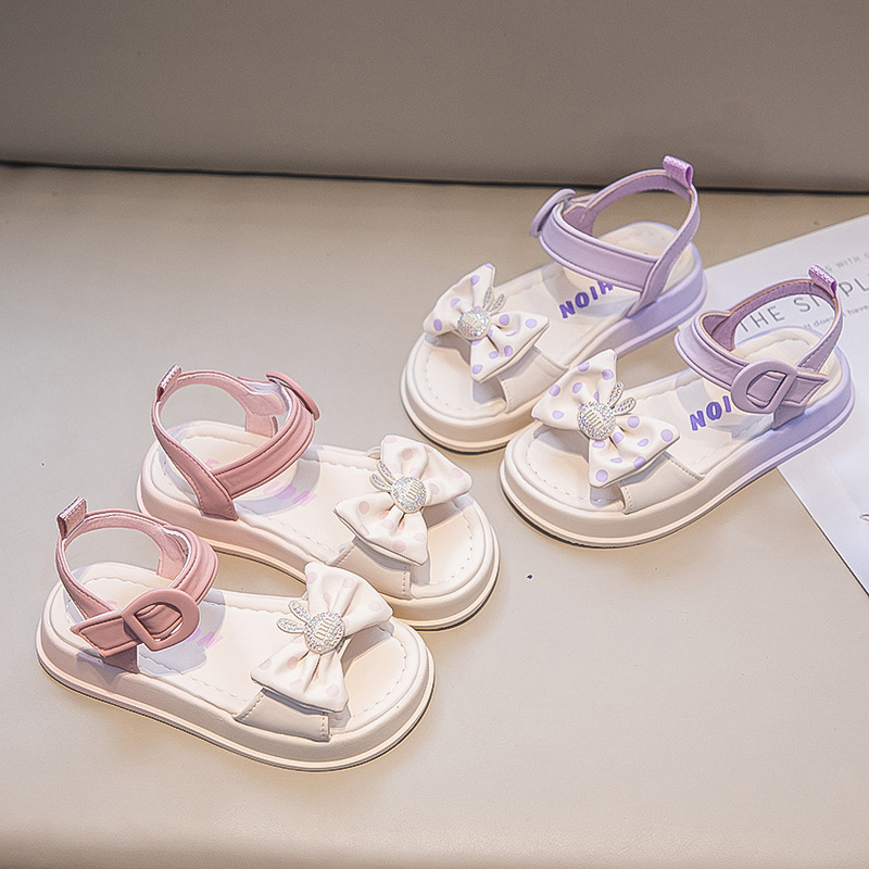 女童凉鞋公主鞋蝴蝶结2024夏季儿童沙滩鞋小学生软底露趾时装凉鞋