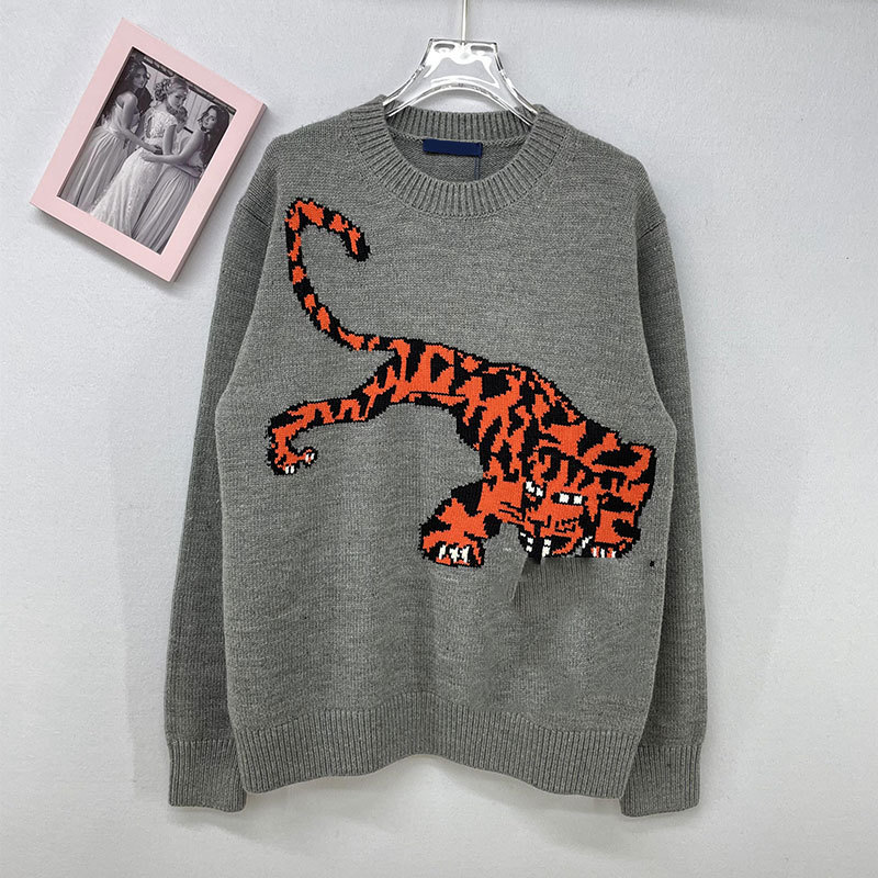22年早春新款老虎图案圆领套头衫动物提花针织羊毛男女同款毛衣