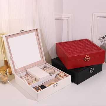 大容量简约珠宝首饰收纳盒带镜子可分离项链耳饰盒手表大号手饰盒