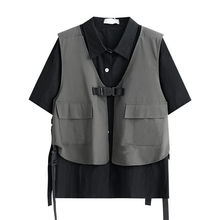 2023夏季男女同款套装韩版宽松短袖衬衫+工装机能风马甲两件套潮