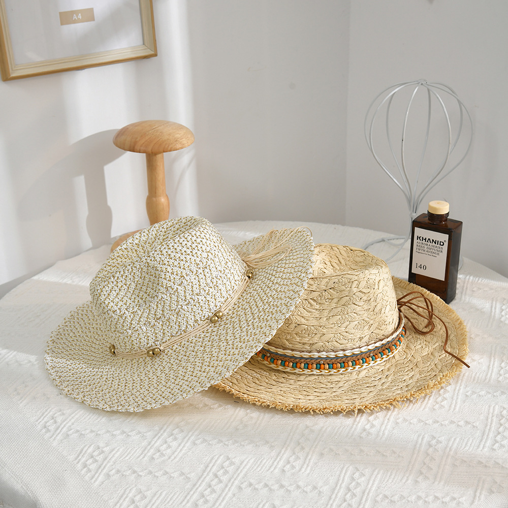 Handmade Crochet Straw Hat Women's Foldable All-Match Bow Holiday Vacation Sun Hat Beach Wide Brim Hat Korean Summer