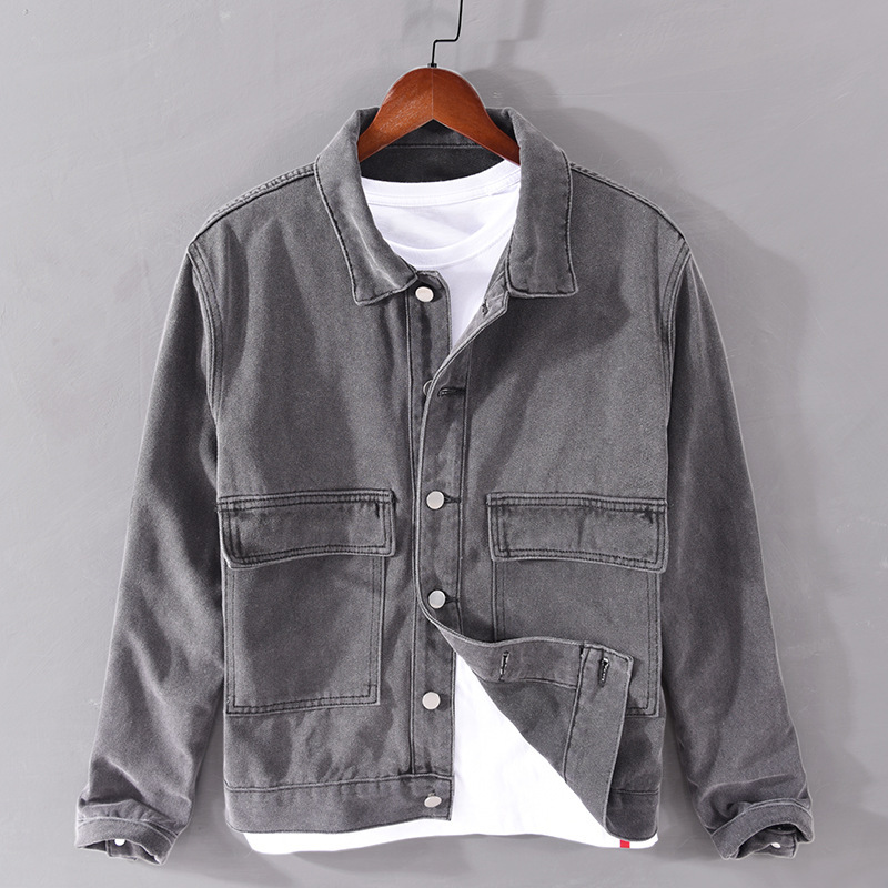 秋季微弹高品质牛仔夹克男装外套青年纯色上衣潮灰色牛仔衣男8102