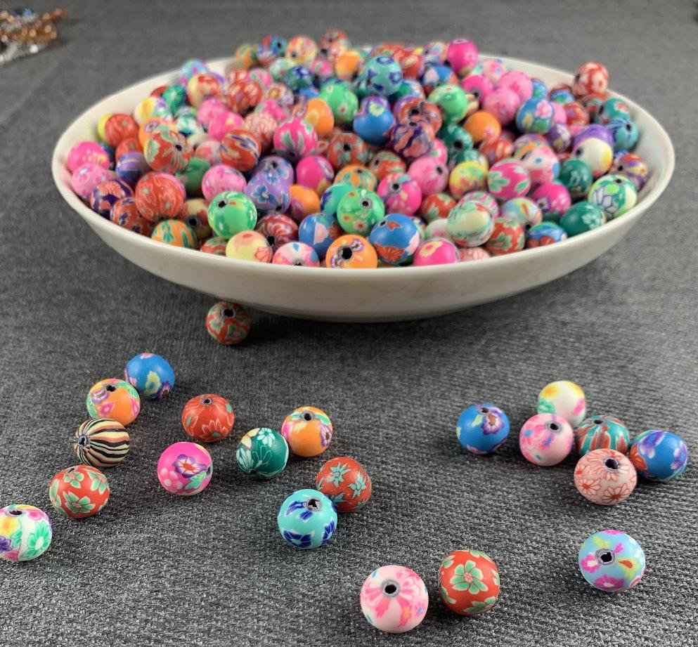 diy饰品配件彩色印花软陶珠圆形珠子手链项链串珠材料圆珠散珠