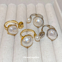 真金电镀不规则圆形椭圆形珍珠开口戒指轻奢风法式时尚食指戒指环