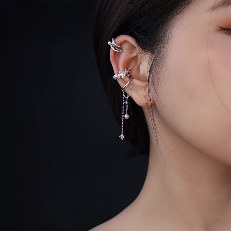 精致独特侧耳廓夹满天星耳挂网红长款珍珠流苏耳夹锆石耳环无耳洞