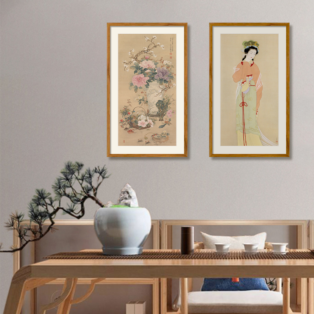 新中式古风客厅装饰画仕女花卉工笔画餐厅玄关书房竖版挂画壁画