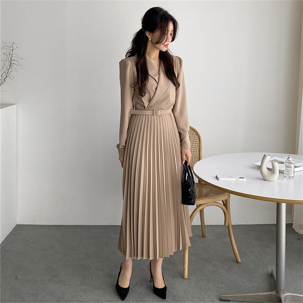 1342韩国雪纺连衣裙女春秋收腰显瘦气质轻熟风百褶长裙-阿里巴巴