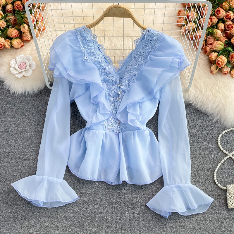 法式上衣搭喇叭复古边洋气荷叶温柔短款秋领v衬衫韩版百长袖风袖