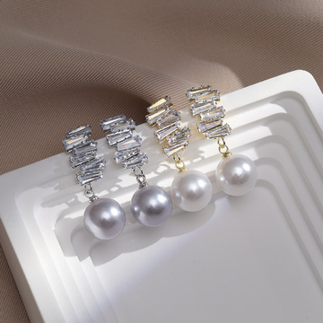 超闪几何锆石珍珠银针耳环女轻奢气质小众设计耳坠高级感时尚耳饰