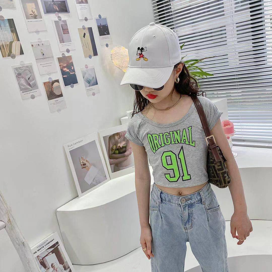 女童数字露脐t恤夏新款韩棉一字肩圆领短袖露肚脐打底t恤一件代发