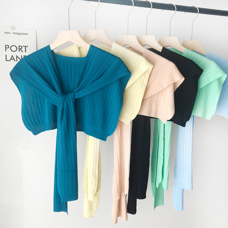 港味外搭冰丝针织小披肩 秋季网红打结女搭肩假两件护颈薄小坎肩