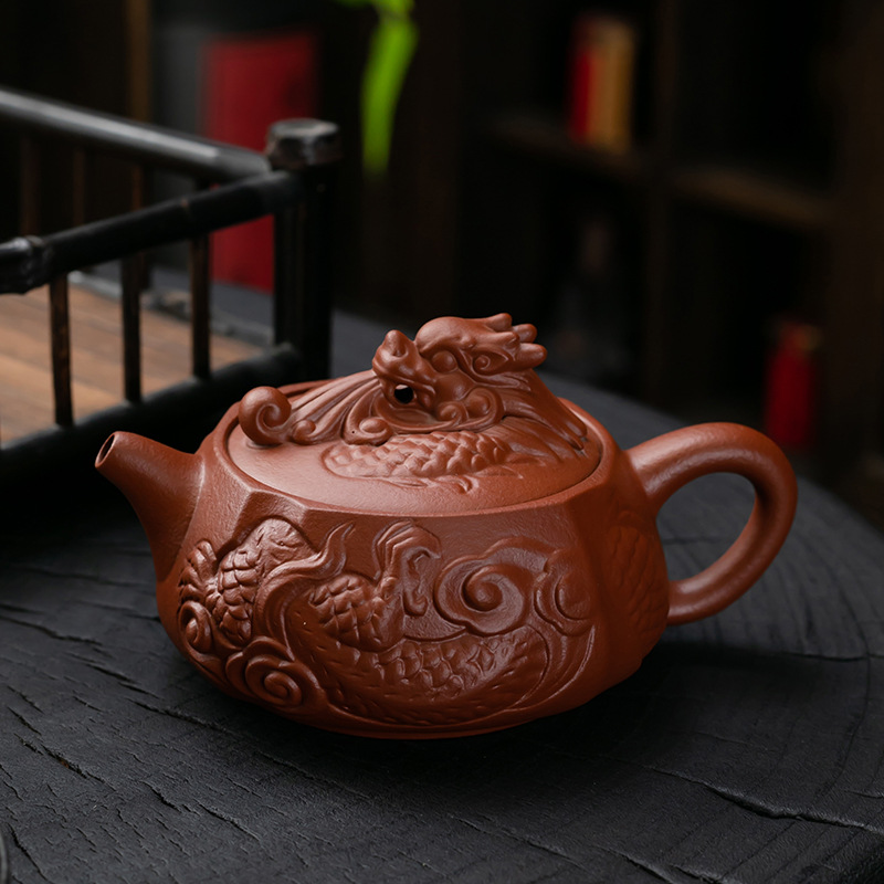 朱泥龙腾盛世功夫茶壶大号紫砂泡茶壶手工浮雕原矿泥茶具茶器家用