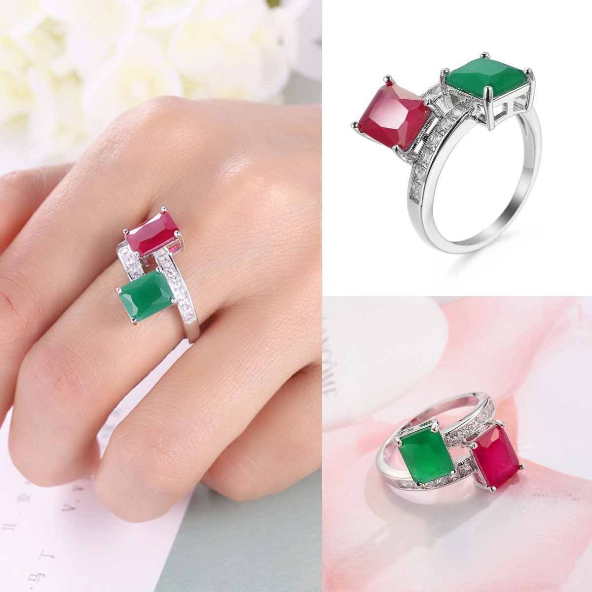 跨境时尚锆石指环外贸热销宝石手饰欧美红绿色戒指女创意彩宝饰品