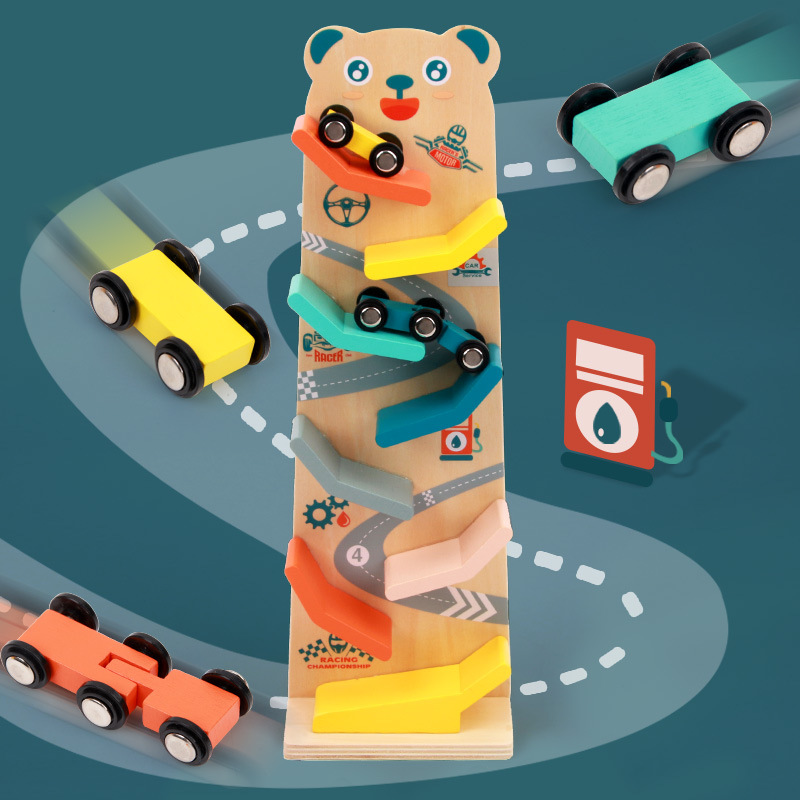 Wooden Child Bear Gliding Car Children's Early Education Multi-Layer Track Gliding Small Racing Car Desktop Interactive Educational Toys