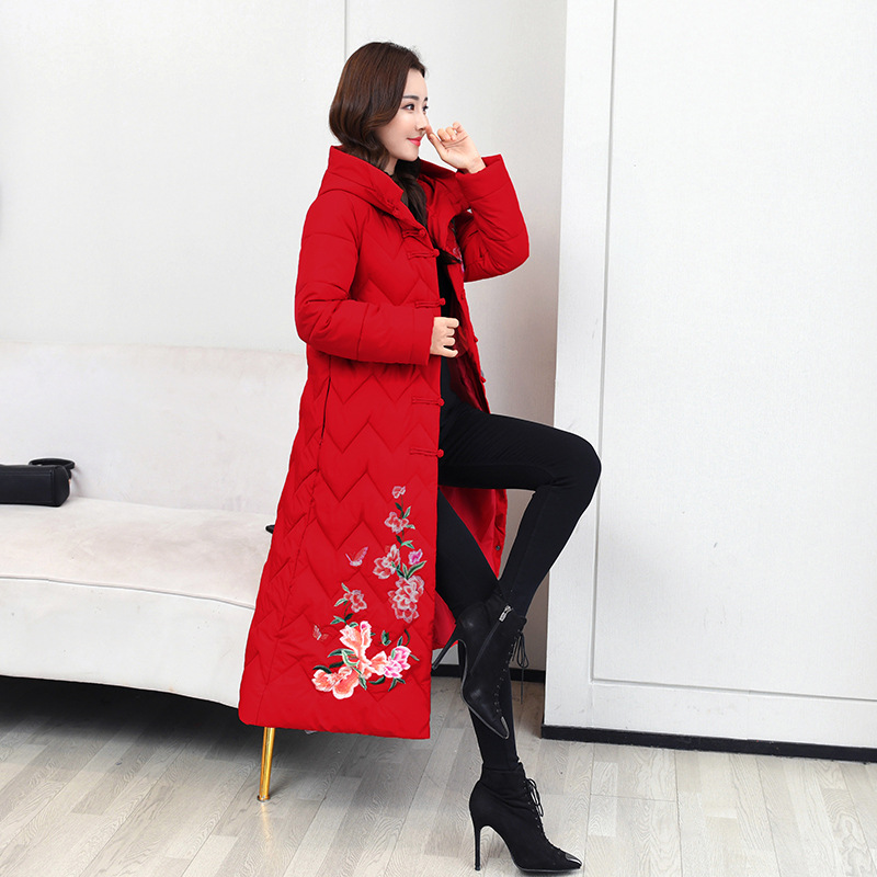 新款冬季民族风刺绣棉服女中长款过膝韩版加厚棉衣棉袄外套外贸潮