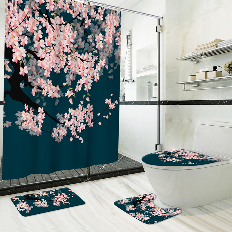Modern Simple Fresh Shower Curtain Four-Piece Bathroom Waterproof Non-Slip Mat Toilet Mat U-Shaped Mat Factory Direct Sales