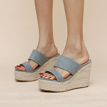 2012年夏季新款 一字型涼鞋女坡跟松糕女拖鞋 高跟麻繩 沙灘涼鞋
