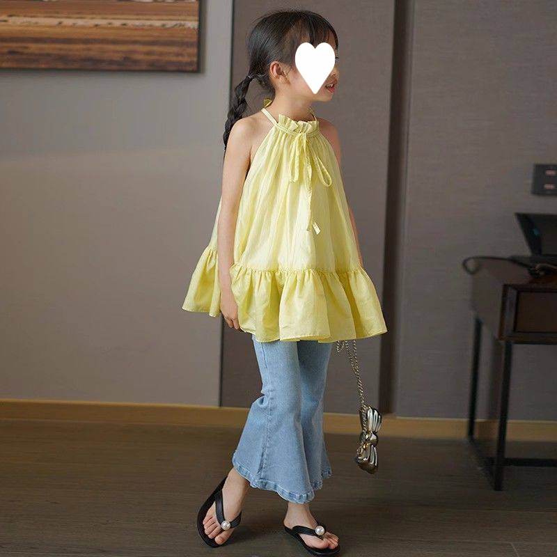 韩版童装2024夏季时尚气质挂脖吊带连衣裙女童洋气荷叶边背心裙潮