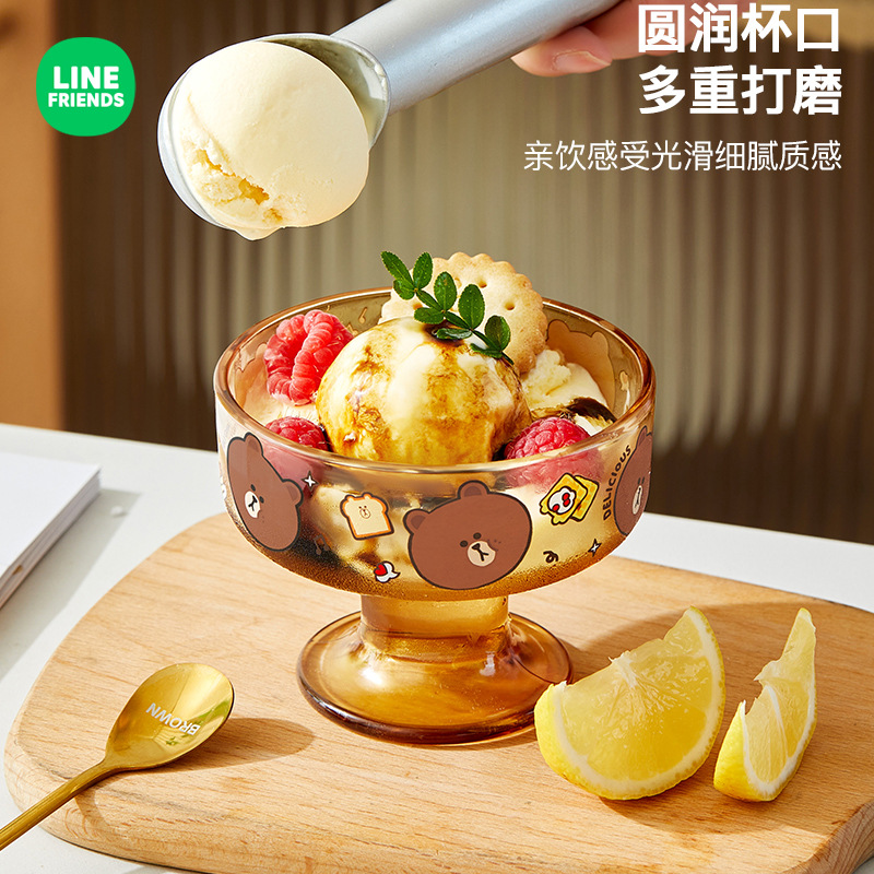 布朗熊甜品玻璃杯冰淇淋雪糕杯卡通高脚果汁杯家用早餐燕麦杯批发