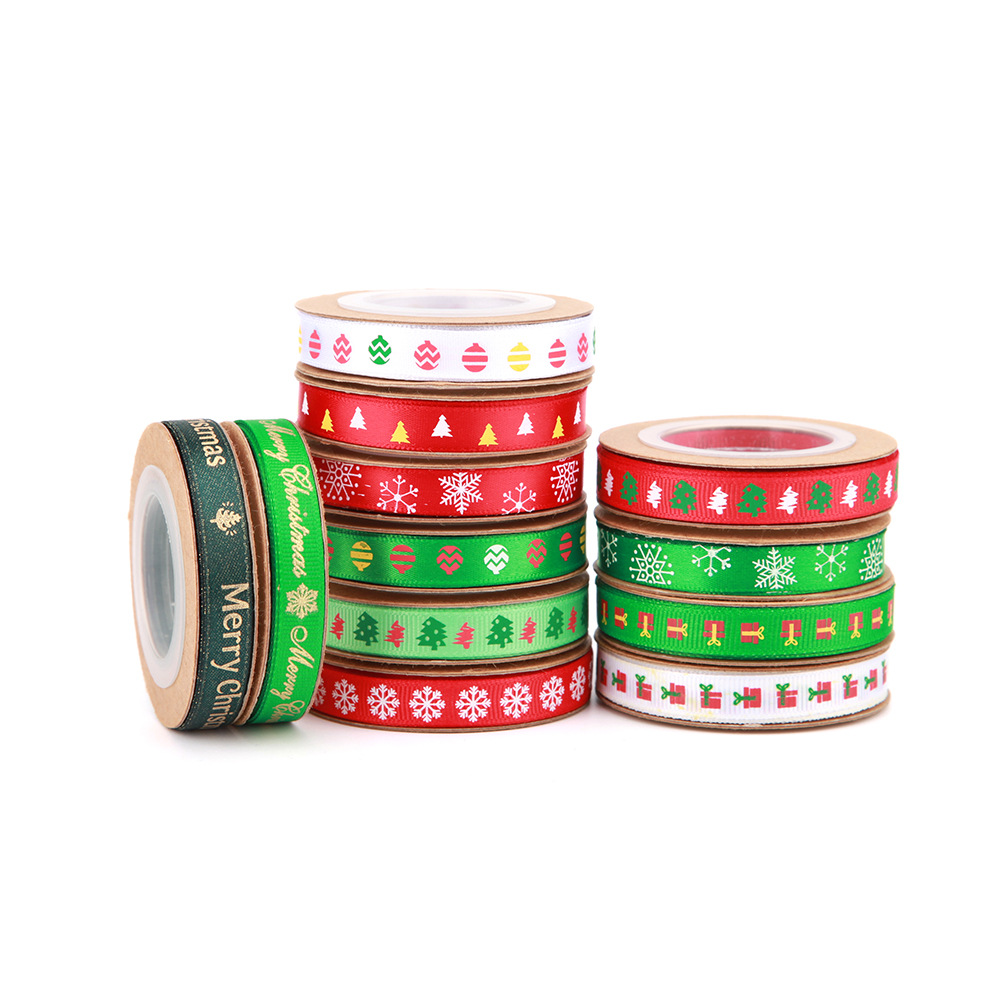 Cross-Border 2.5cm Christmas Ribbon Small Roll Diy Bow Material Printed Ribbon Christmas Packaging Color Ribbon