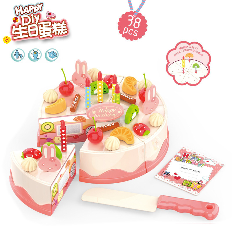 Children Play House Birthday Cake Toy Girl DIY Fruit Light Candle Simulated Cake Slicer Toy