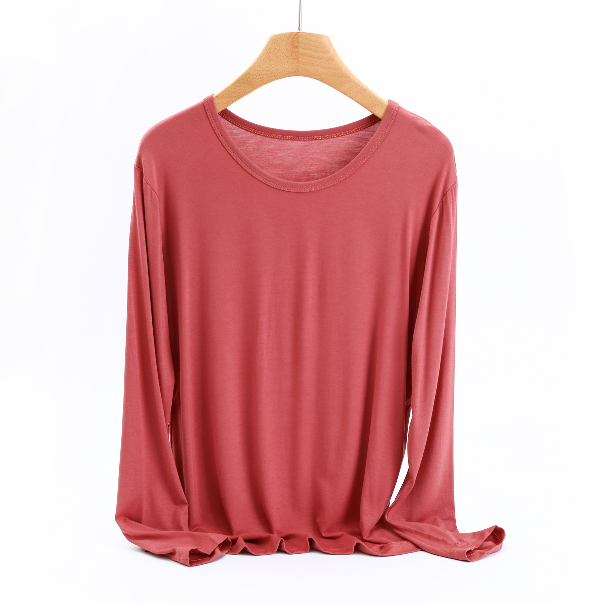 春秋季新款莫代尔女士圆领打底衫宽松简约纯色长袖t恤内搭女上衣