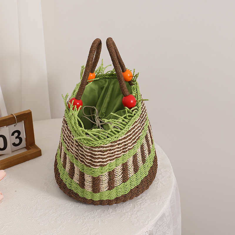 可爱彩色木珠手提草编包新款斜纹散边草包编织包手拎菜篮子包女包
