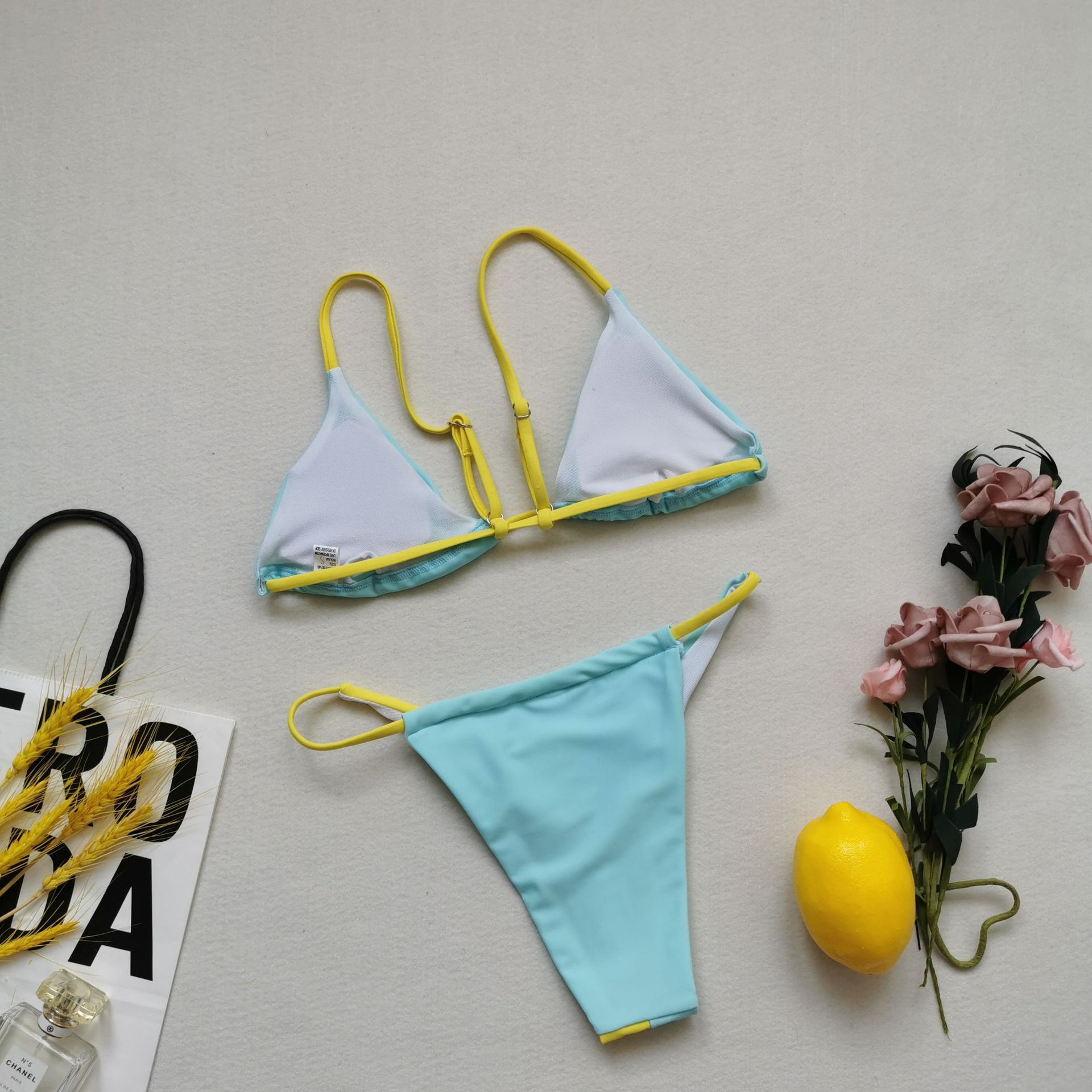 2021新款三角比基尼性感分体泳衣拼接bikini欧美外贸泳装露背跨境