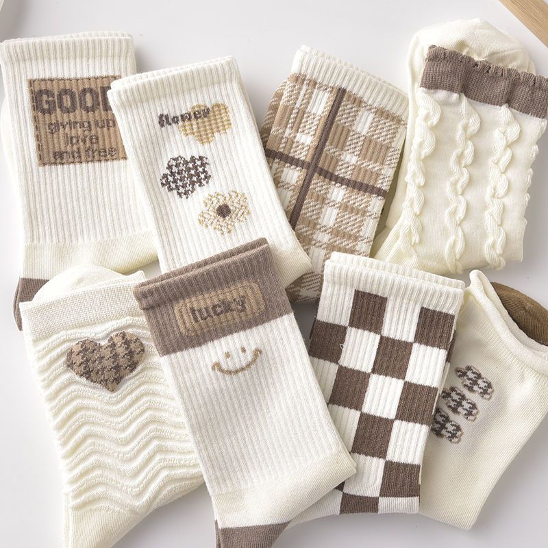 Socks Women's Mid Tube Stockings Autumn and Winter White Japanese Style Stripe Plaid Ins Trendy Students' Socks Long Socks