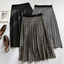 Women Skirt Plaid Knitted Midi Skirt A-Line High Waist Elega