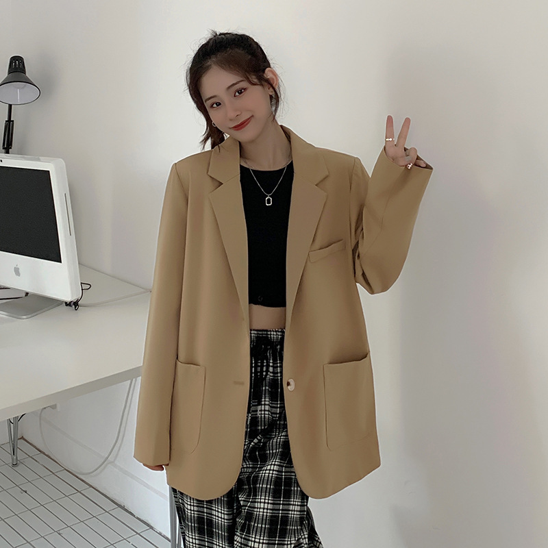 大码胖mm卡其色宽松西装外套女春秋感休闲女士西服上衣小个子