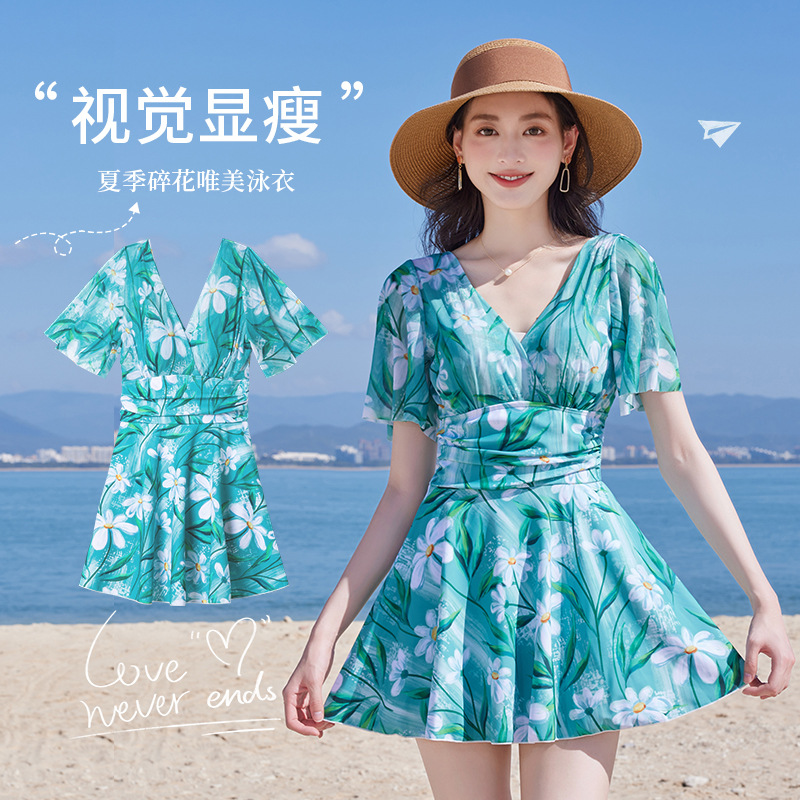 new women‘s swimsuit personalized retro oil painting style printing one piece swimsuit high waist slimming strap showing chest pad swimming dress