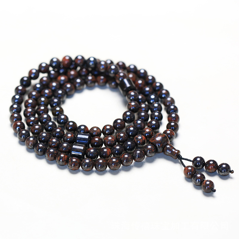 新疆淖毛湖天宝石黑金刚能量石佛珠6-12mm108颗念珠手持中强磁