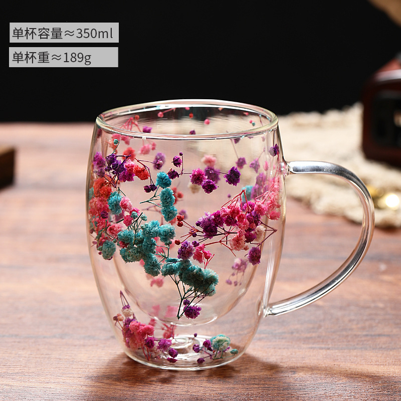 New Internet Celebrity Petals Quicksand Cup High-Looking Cross-Border Real Flower Double Layer Glass Cup Creative High Borosilicate Glasses