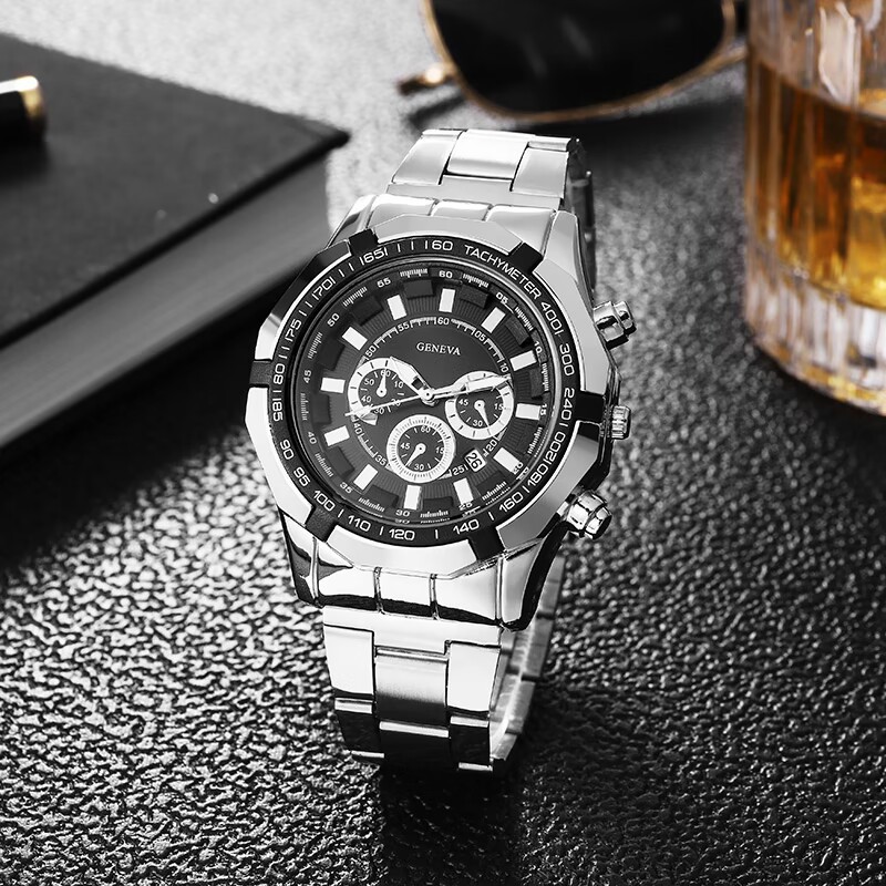 Foreign Trade Popular Style Business Leisure Men's Steel Strap Watch Geneva Fake Three Eyes and Six Needles Large Plate Calendar Quartz Watch