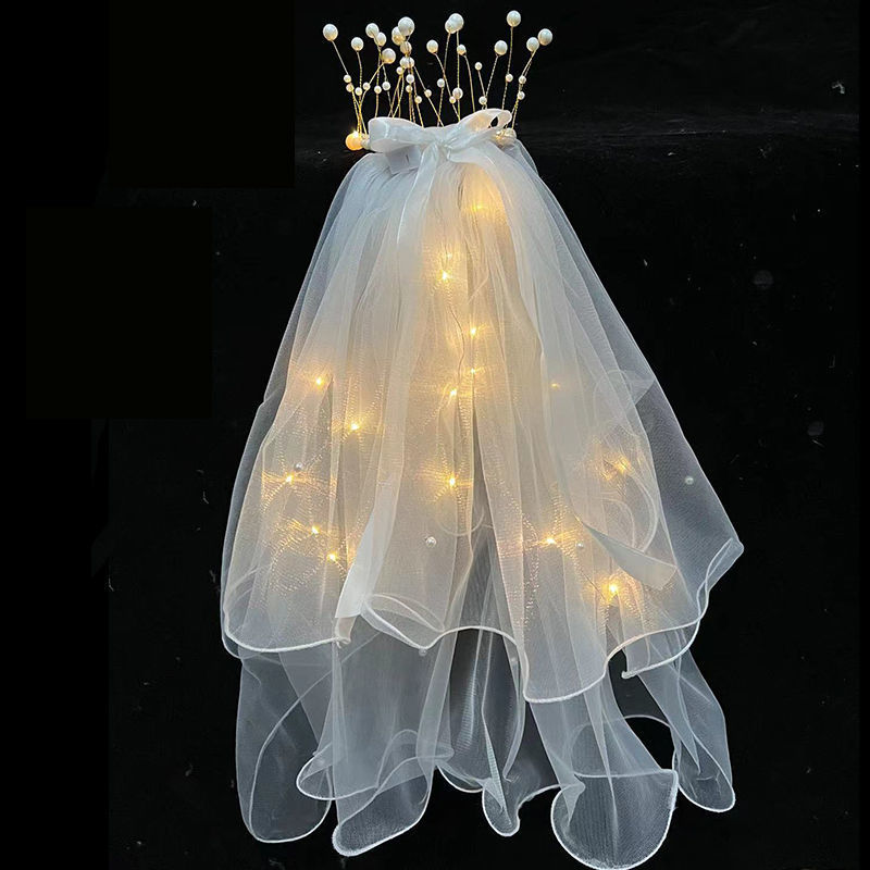 Luminous Veil Double-Layer Night Market Fantastic Stall Machine Internet Hot Photo Props Children's Fairy Pearl Headwear with Lights