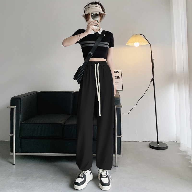 Wide-Leg Pants Women's Ice Silk Leg Shaping Thin Drawstring All-Matching Casual Pants Women's Spring and Summer High Waist Loose Straight Sports Pants