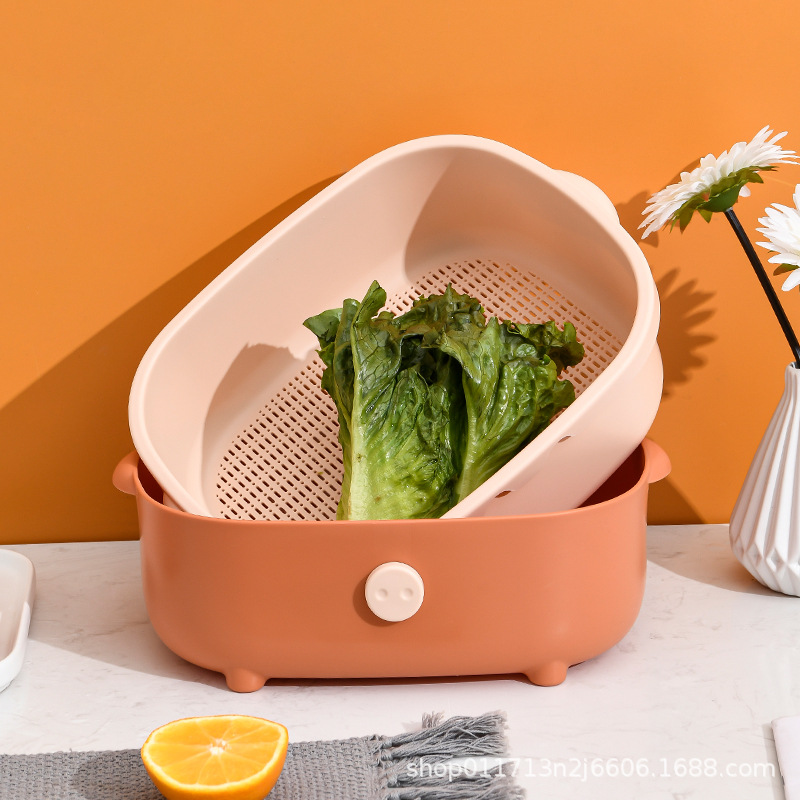 Creative Pig Thickened Double-Layer Drain Basket Plastic Vegetable Washing Basket Washing Basin Frame Kitchen Storage Fruit Basket Wholesale