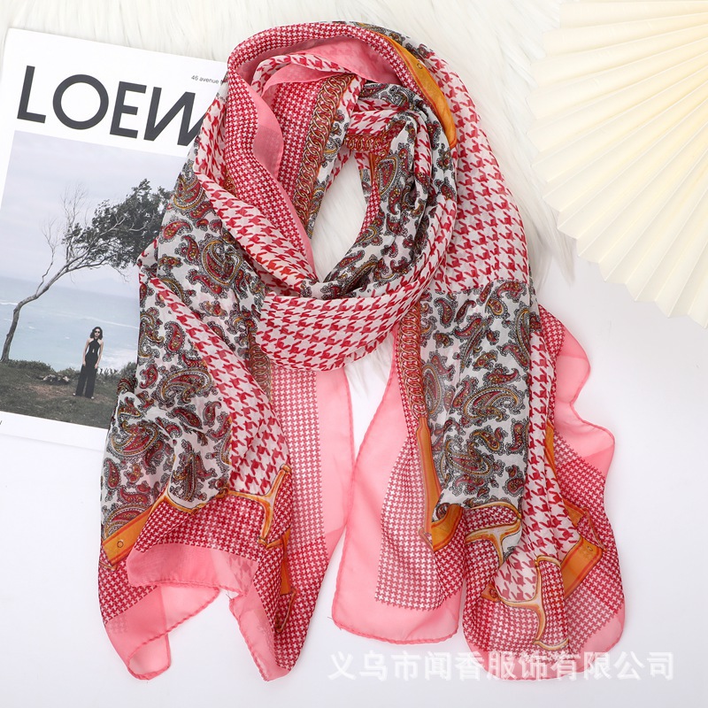 New Chiffon Silk Scarf Houndstooth Cashew Printed Scarf Spring and Summer Sunscreen Scarf Autumn and Winter Neck Protection Scarf Thin Silk Scarf