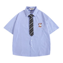 学院风配领带宽松短袖衬衫男生高街潮夏季卡通刺绣口袋竖条纹衬衣