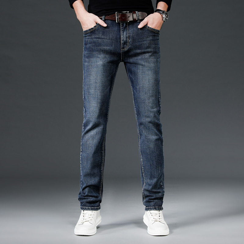 牛仔裤男士春秋弹力宽松直筒潮流修身休闲中高腰长裤蓝色牛仔裤
