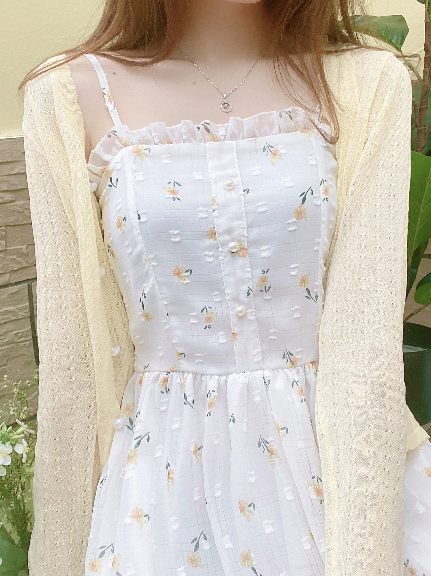 Sweet Floral Suspender Dress Summer Mori Style Waist-Controlled White Long Dress First Love Niche Fairy All-Matching Women's Clothing