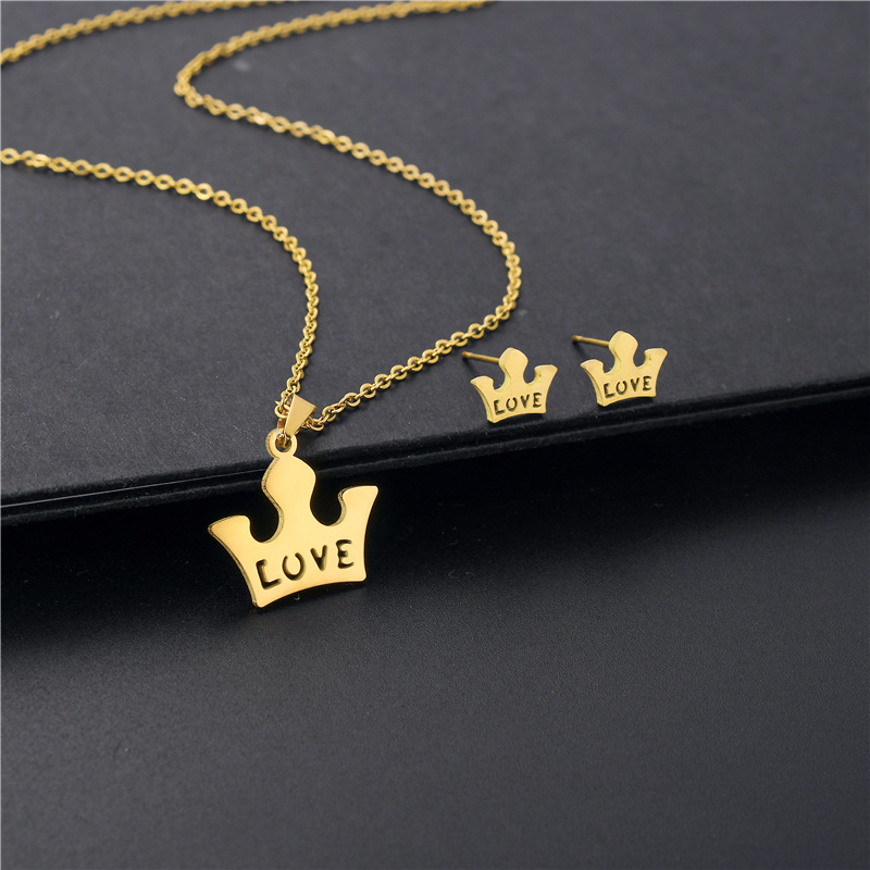 EU and South Korea Crown Pendant Women's Titanium Steel Necklace Gold-Plated Niche Crown Love Necklace and Earring Suit Cross-Border Sold Jewelry