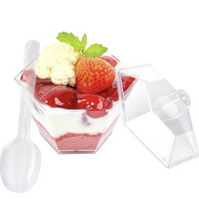 跨境3.3OZ塑料甜点杯六角杯果冻布丁杯慕斯冰淇淋甜品杯可配盖勺