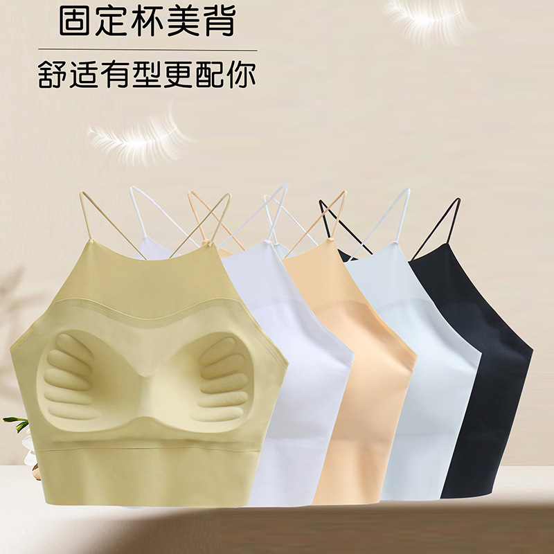 Sexy Halter-Style Navel-Exposed Small Sling Thin Anti-Exposure Tube Top Beauty Back Underwear Fixed Cup Traceless Vest Female